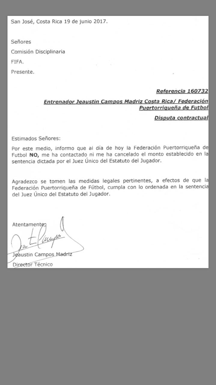 Carta enviada por Jeaustin Campos a la FIFA. Suministrada